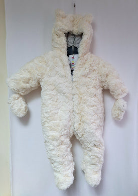 Mothercare, White Fluffy All in One/ Snow Suit, Girls, 9-12 Months preloved