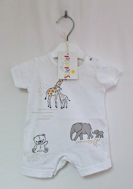 Nutmeg, Giraffe/Elephant & Bear White Romper, Tiny Baby preloved