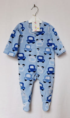 M&Co, Blue Fleece Cars Print Sleepsuit, Boys, 3-6 Months preloved