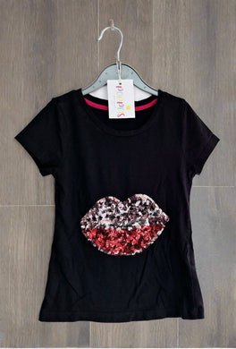 M&S, Black with Sequin Lips Top, Girls, 7-8 Years preloved secondhand