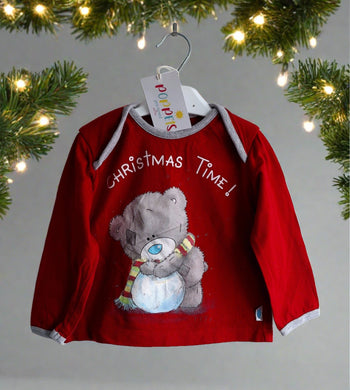 M&S, Red 'Christmas Time.. Grey Bear Top, 12-18 Months preloved